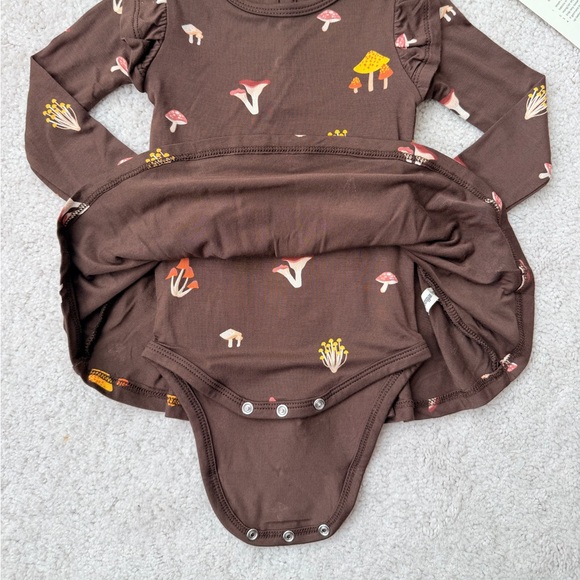 Kyte Baby Long Sleeve Twirl Bodysuit Dress in Brown Mushroom Print - Picture 7 of 12